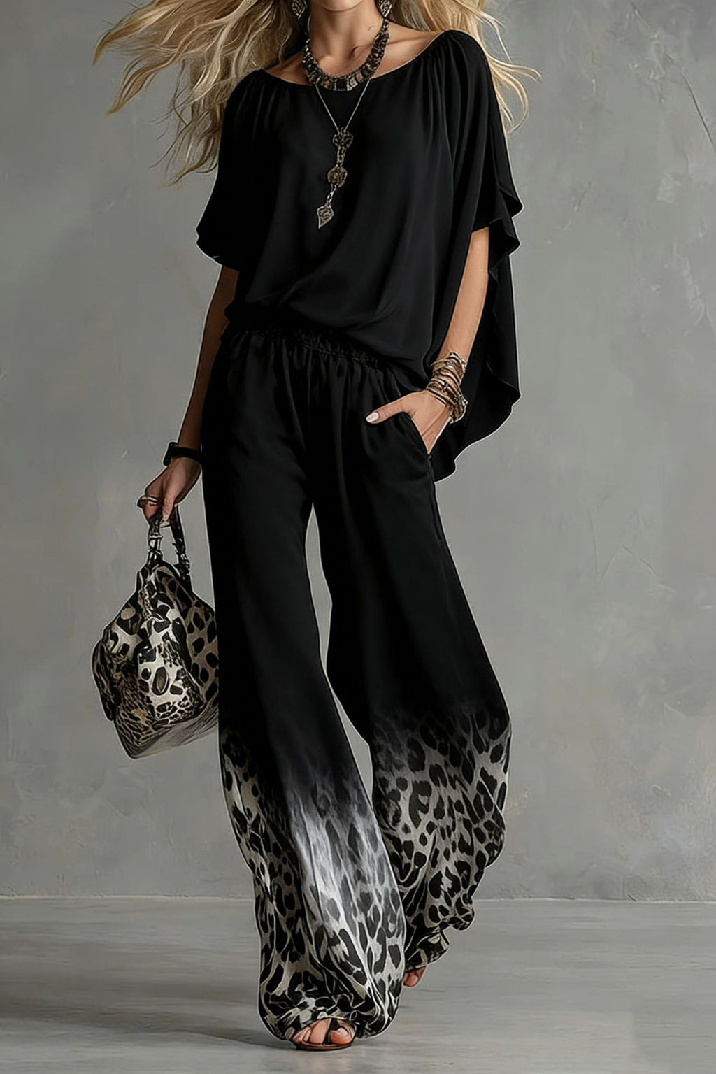 Chiffon Puff-Sleeve Top & Wide-Leg Pants Set