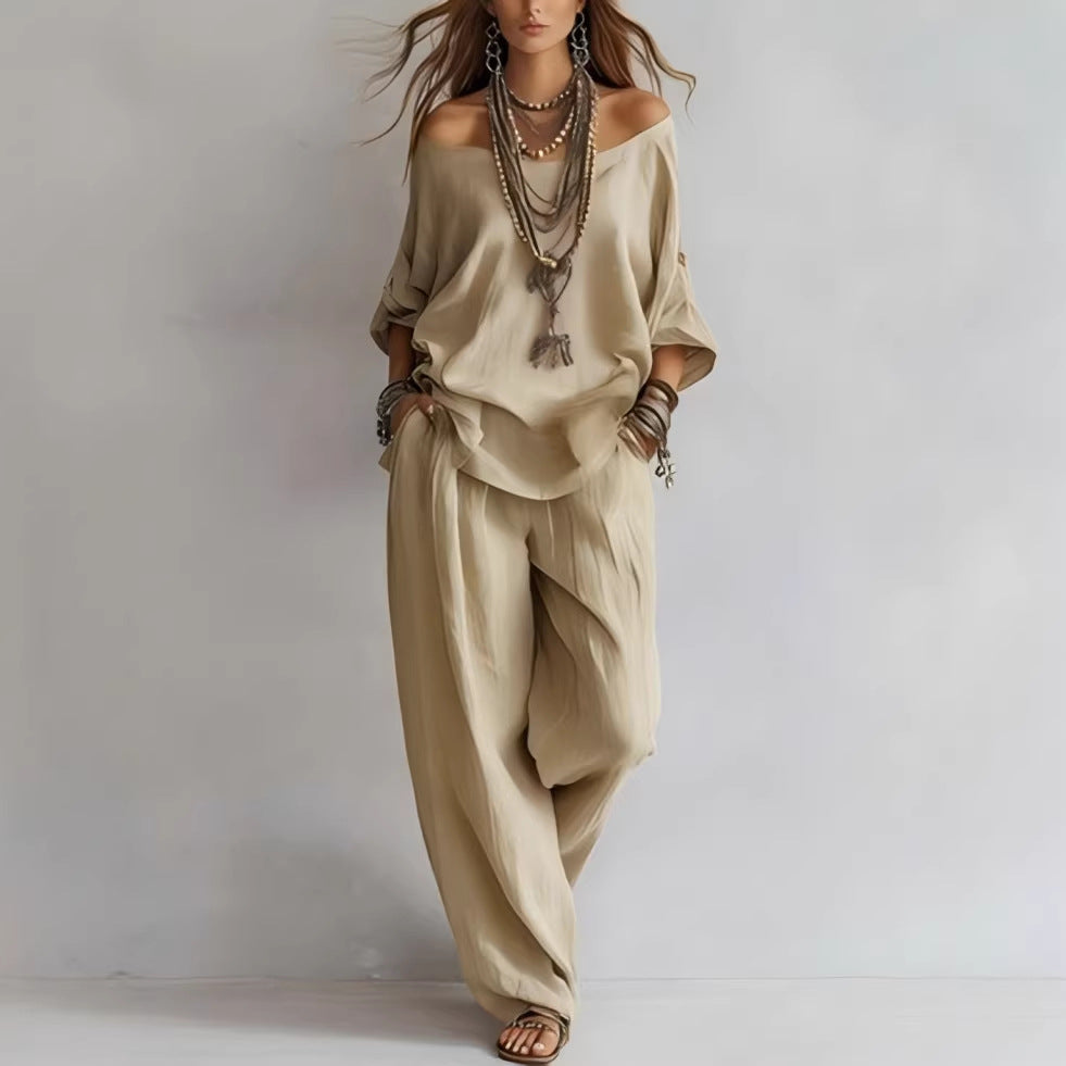 Chiffon Puff-Sleeve Top & Wide-Leg Pants Set
