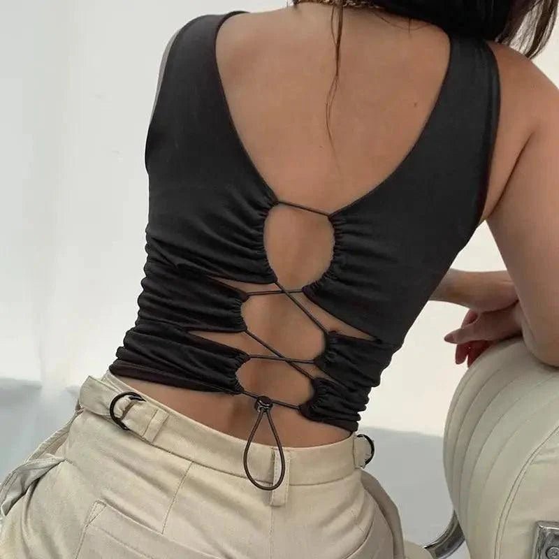 Lace Up Patchwork Tank Crop Top - Destiny's Beautiful World