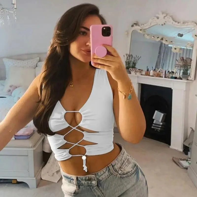 Lace Up Patchwork Tank Crop Top - Destiny's Beautiful World
