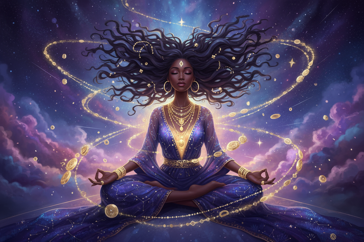 Whimsical flow of gold jewelry floating around African American goddess with long flowing hair sitting in a galaxy room meditating 